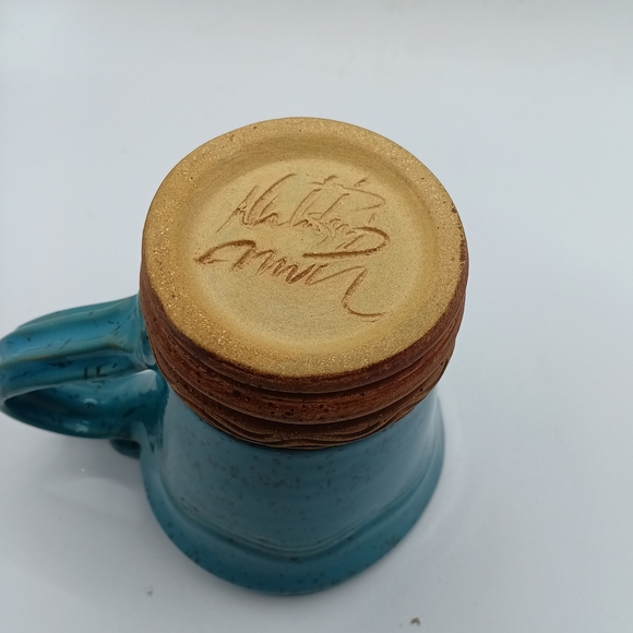 Art Pottery Teal Speckled Ceramic Coffee Tea Mug Signed - Picture 6 of 6
